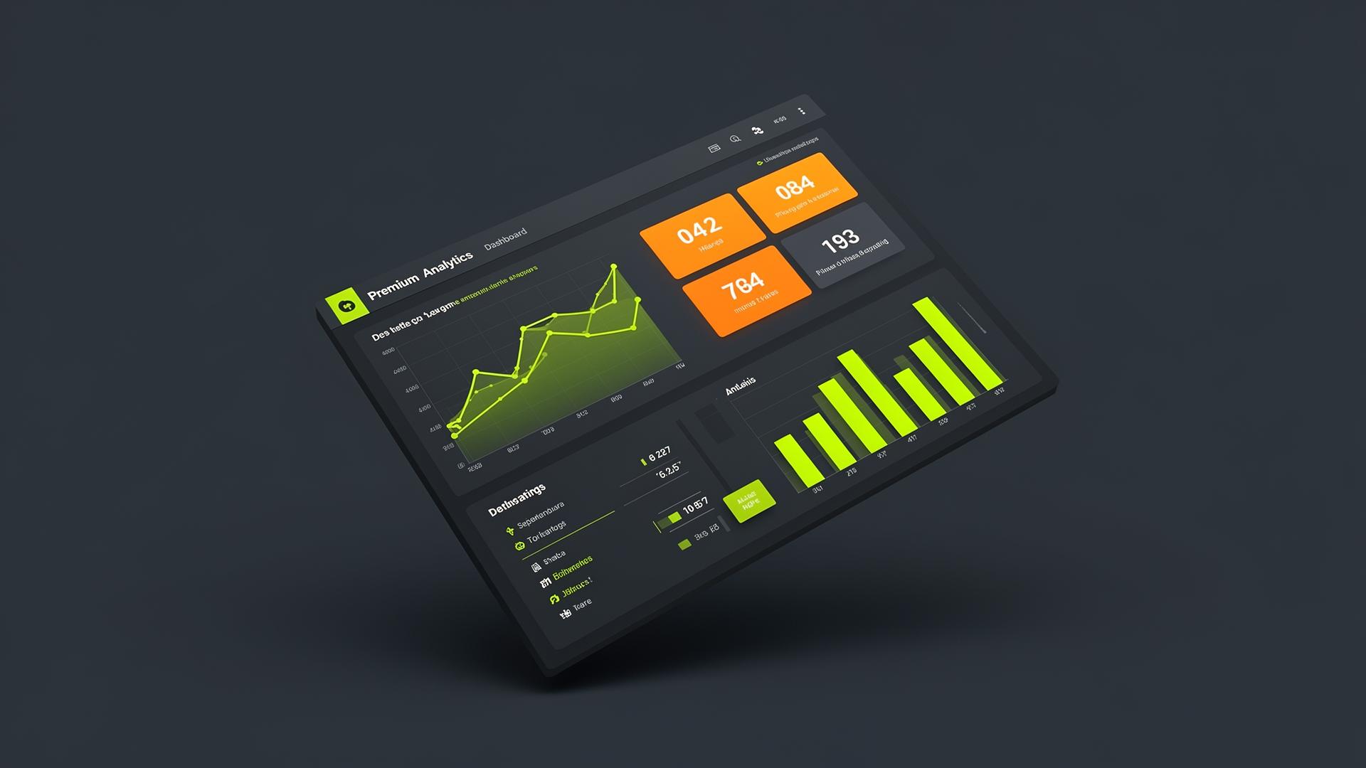 Premium analytics dashboard with KPI tiles, line and bar charts